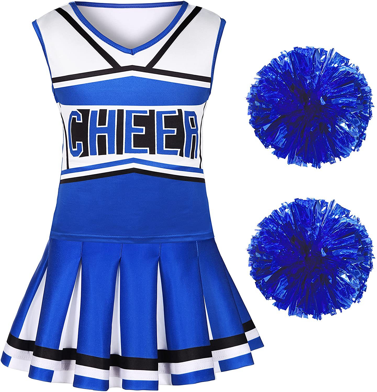 Cheerleading Pom Pom - ชุดเชียร์ลีดเดอร์สีฟ้า น่ารัก สำหรับเด็กผู้หญิง พร้อมพู่ห้อย ชุดยูนิฟอร์มเชียร์ลีดเดอร์สำหรับงานปาร์ตี้แฟนซี