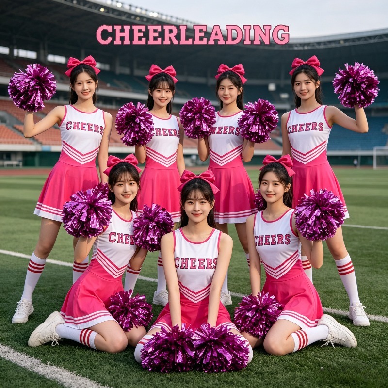Cheerleading Pom Pom - ชุดเต้นเชียร์ลีดเดอร์สำหรับผู้หญิง 4 ชิ้น พร้อมโบว์ผูกผมและพู่ห้อยสำหรับการแสดงบนเวที