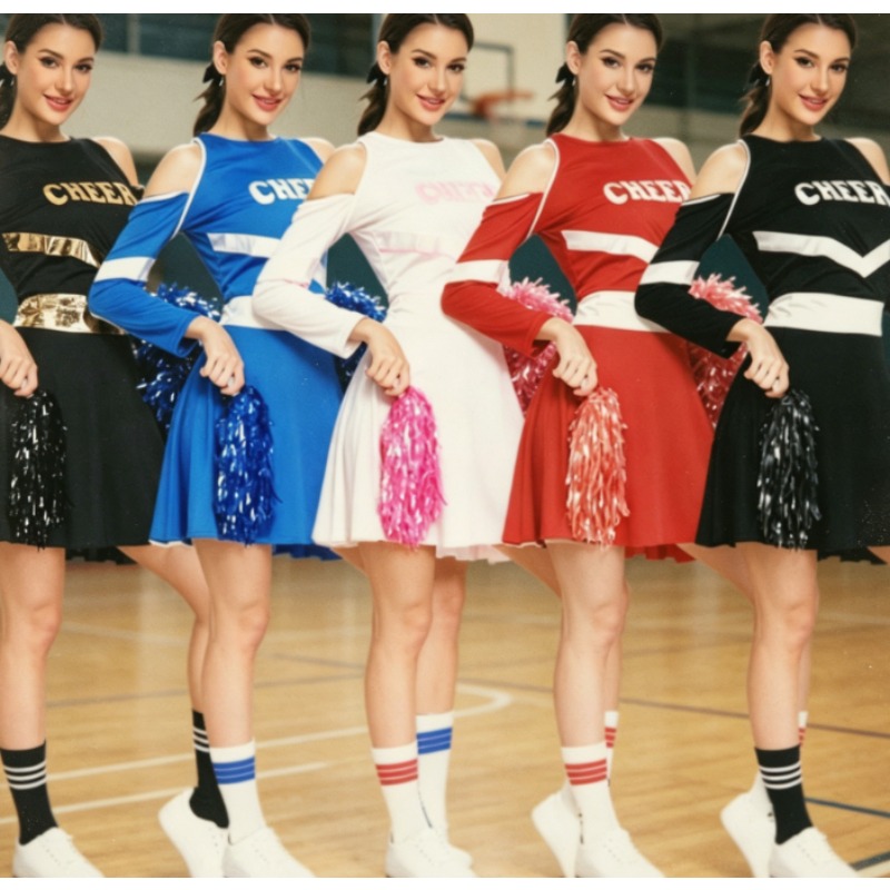 Cheerleading Pom Pom - ชุดเชียร์ลีดเดอร์สไตล์ยุโรปอเมริกันสำหรับผู้หญิง พร้อมพู่เชียร์และเสื้อครอปท็อป ชุดสำหรับวันแข่งขัน ชุดแฟนซีฮาโลวีน ชุดแสดงโชว์
