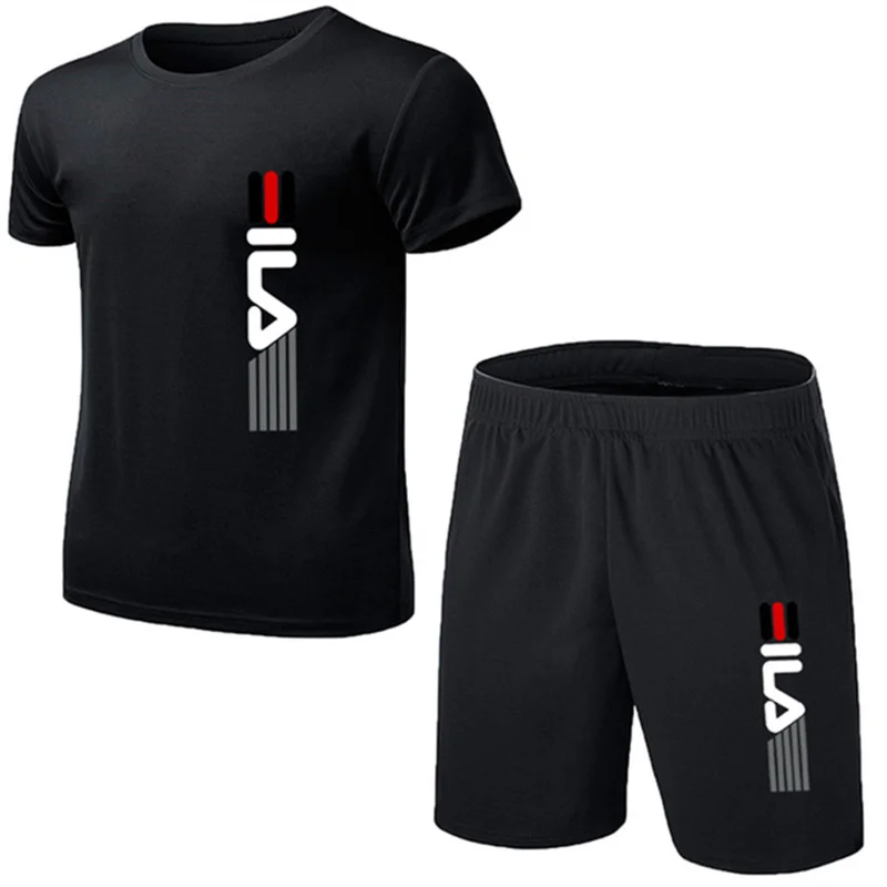 Sports Equipment Set - แฟชั่นฤดูร้อนสำหรับผู้ชาย ชุดออกกำลังกายสองชิ้นแบบเรียบง่าย เสื้อแขนสั้นและกางเกงขาสั้นทรงโอเวอร์ไซส์ ชุดลำลองสไตล์สปอร์ตสำหรับผู้ชาย