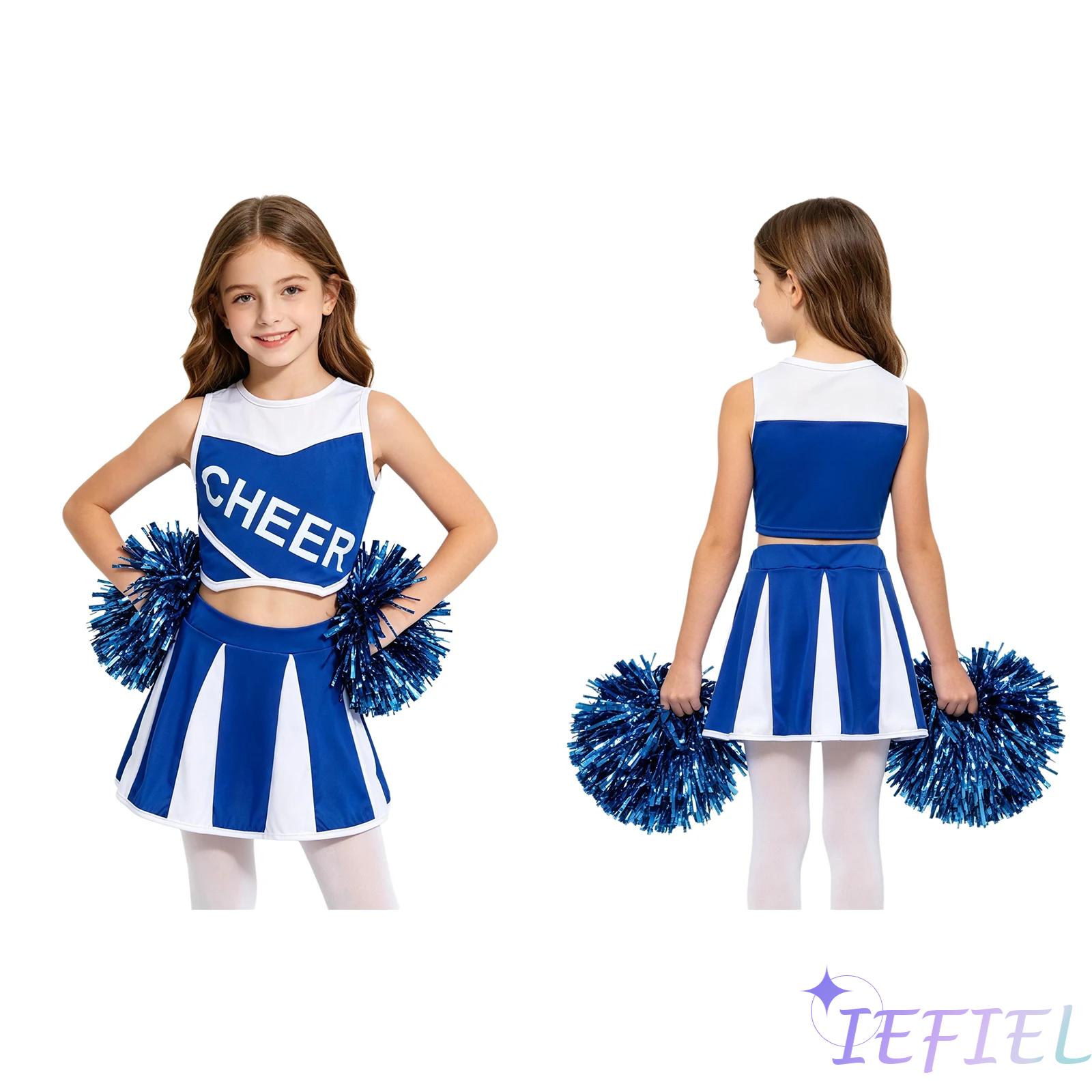 Cheerleading Pom Pom - ชุดเชียร์ลีดเดอร์เด็กผู้หญิง เสื้อแขนกุดสีตัดกับกระโปรง พร้อมชุดพู่เชียร์ สำหรับชุดยูนิฟอร์มเชียร์ลีดเดอร์โรงเรียน